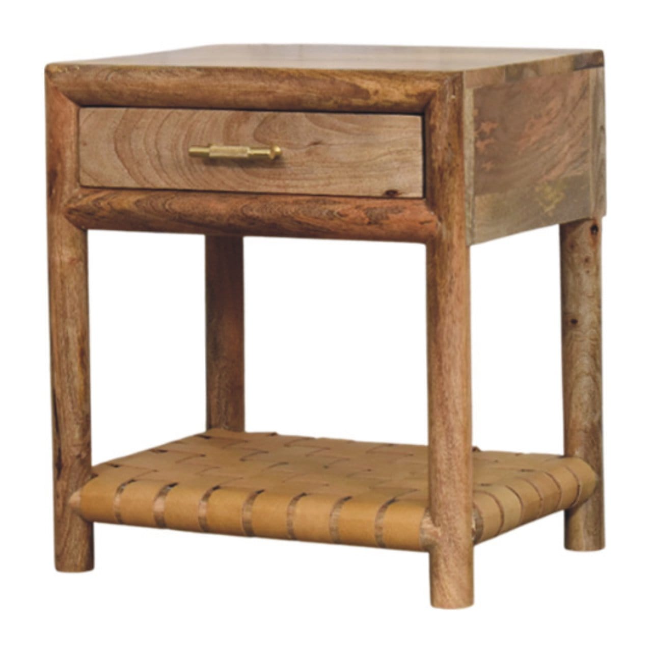 Glamorous Regency Woven Oak-ish Nightstand - Solid Mango Wood Bedside Table for Bedroom - main view showing handcrafted...