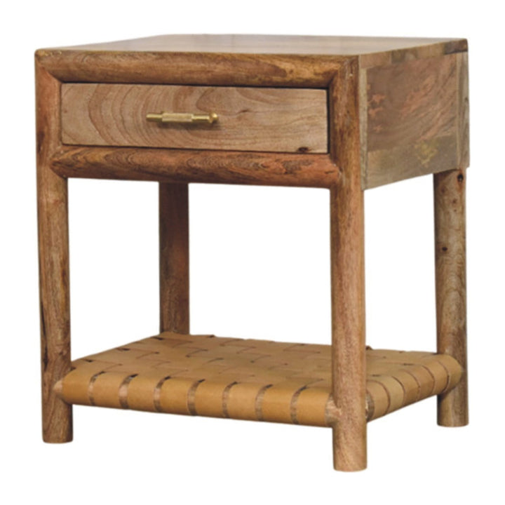 Glamorous Regency Woven Oak-ish Nightstand - Solid Mango Wood Bedside Table for Bedroom - main view showing handcrafted...