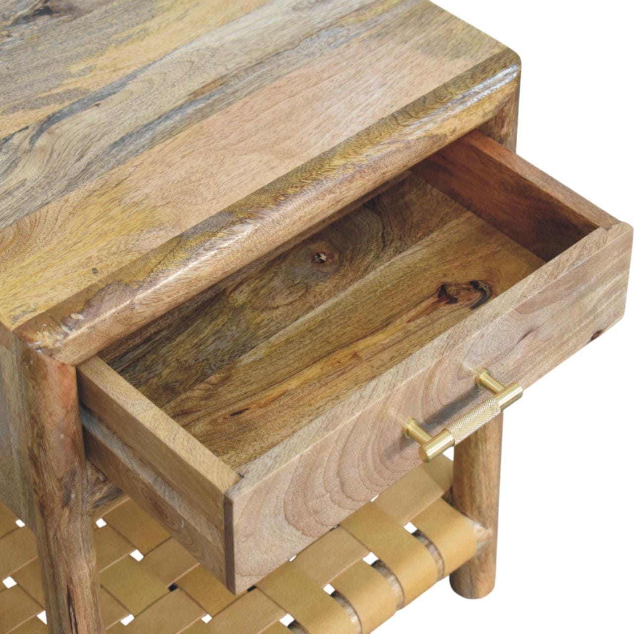 Glamorous Regency Woven Oak-ish Nightstand - Solid Mango Wood Bedside Table for Bedroom - product view 5 showing...