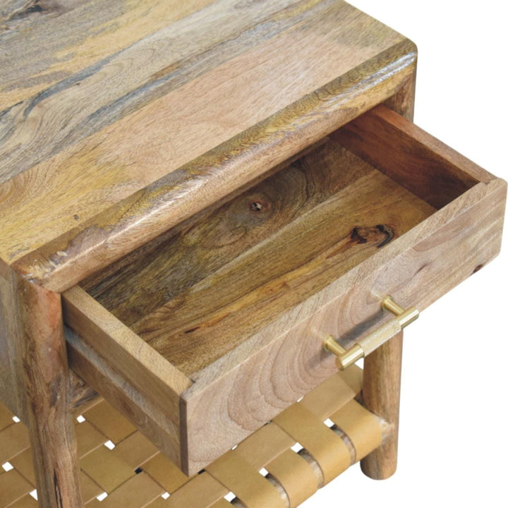Glamorous Regency Woven Oak-ish Nightstand - Solid Mango Wood Bedside Table for Bedroom - product view 5 showing...