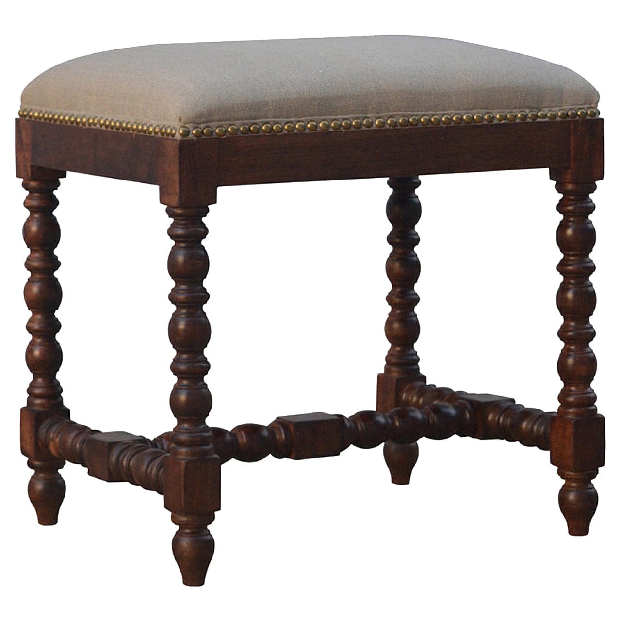 Handcrafted White Linen Occasional Footstool - Solid Mango Wood Accent Stool for Living Room - product view 2 showing...