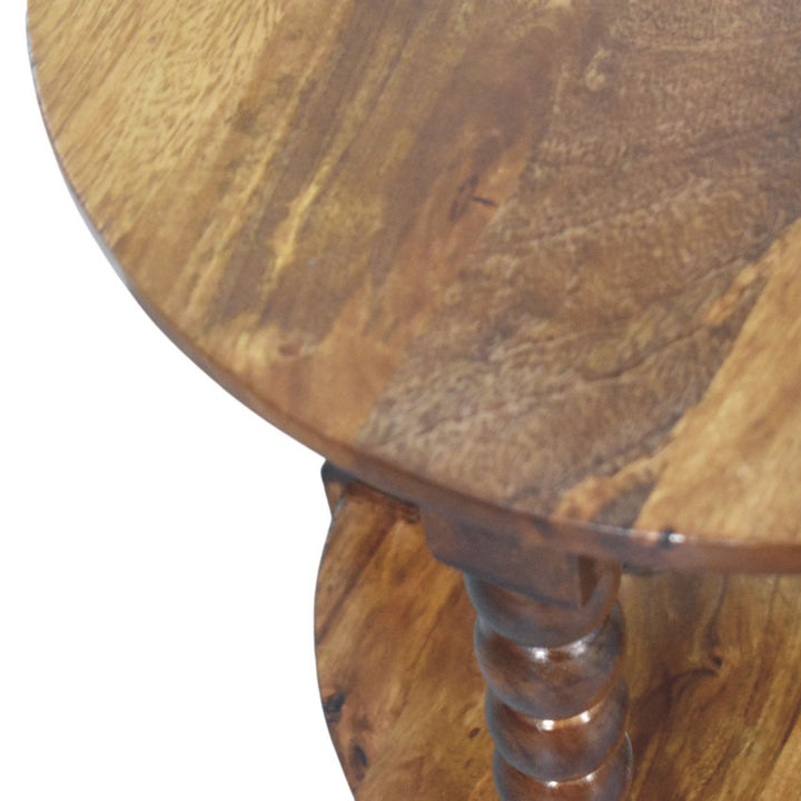 Amber Oak Spindle Round Side Table in Solid Mango Wood - product view 6 showing handcrafted solid mango wood side table