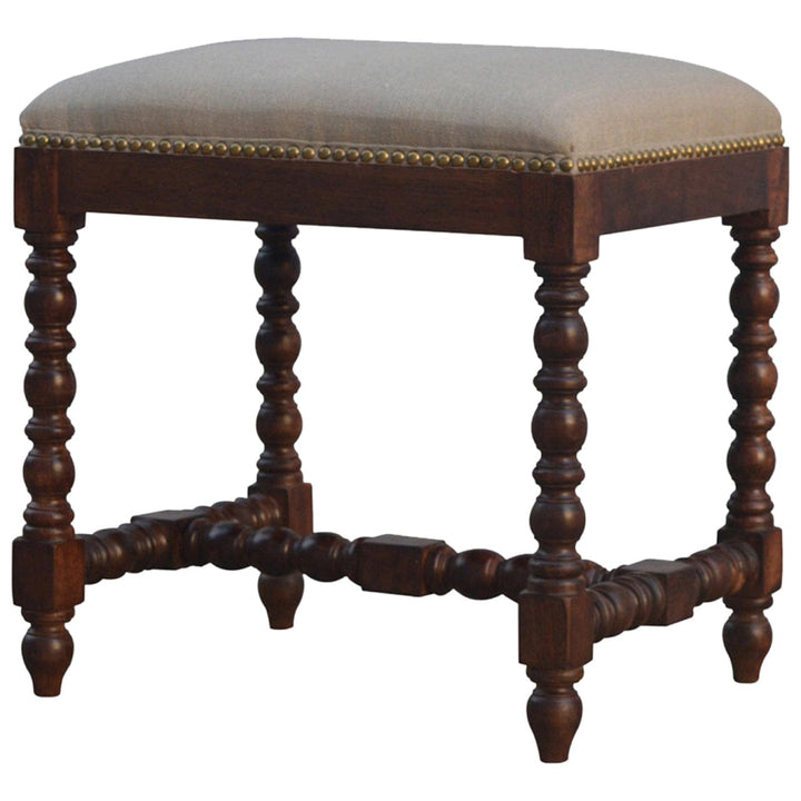 Handcrafted White Linen Occasional Footstool - Solid Mango Wood Accent Stool for Living Room - main view showing...