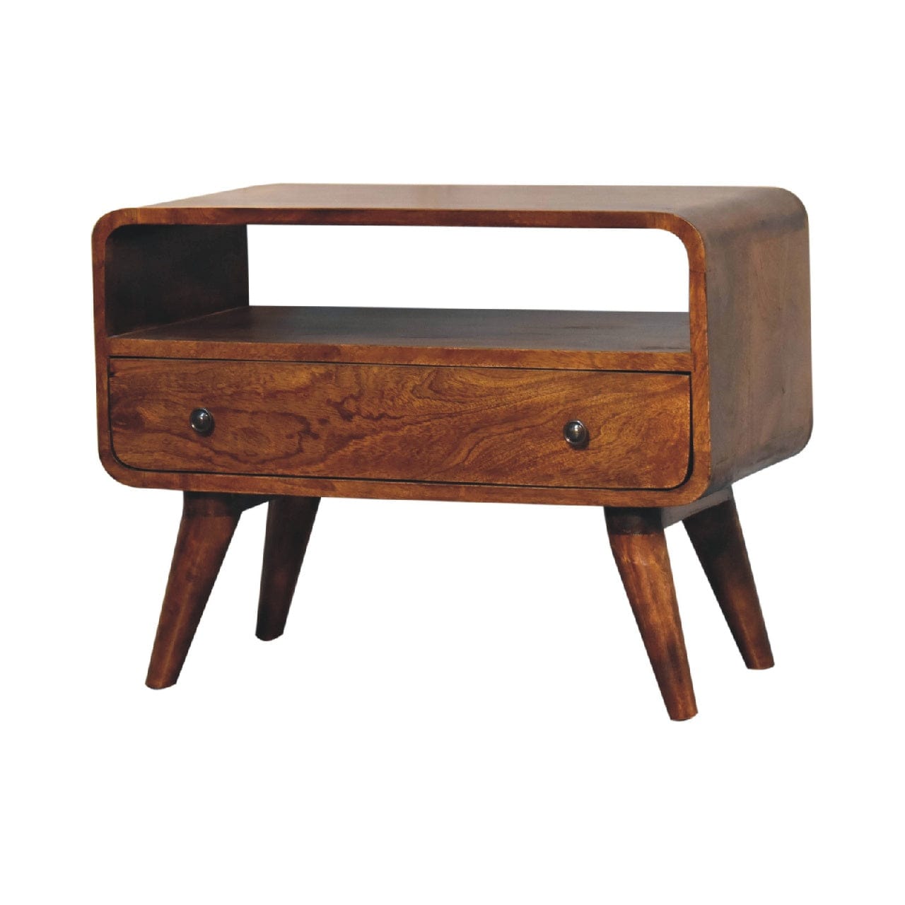 Handcrafted Mini Chestnut Curved TV Stand - Solid Mango Wood Entertainment Center for Living Room - product view 3...
