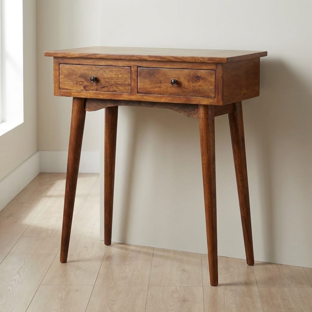 Handcrafted Chestnut Hallway Console Table with two drawers and slender wooden legs, perfect for narrow spaces.