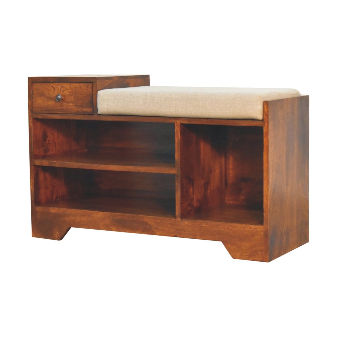 Handcrafted Retreat Chestnut Shoe Bench - Solid Mango Wood Seating Furniture for Entryway - product view 3 showing...