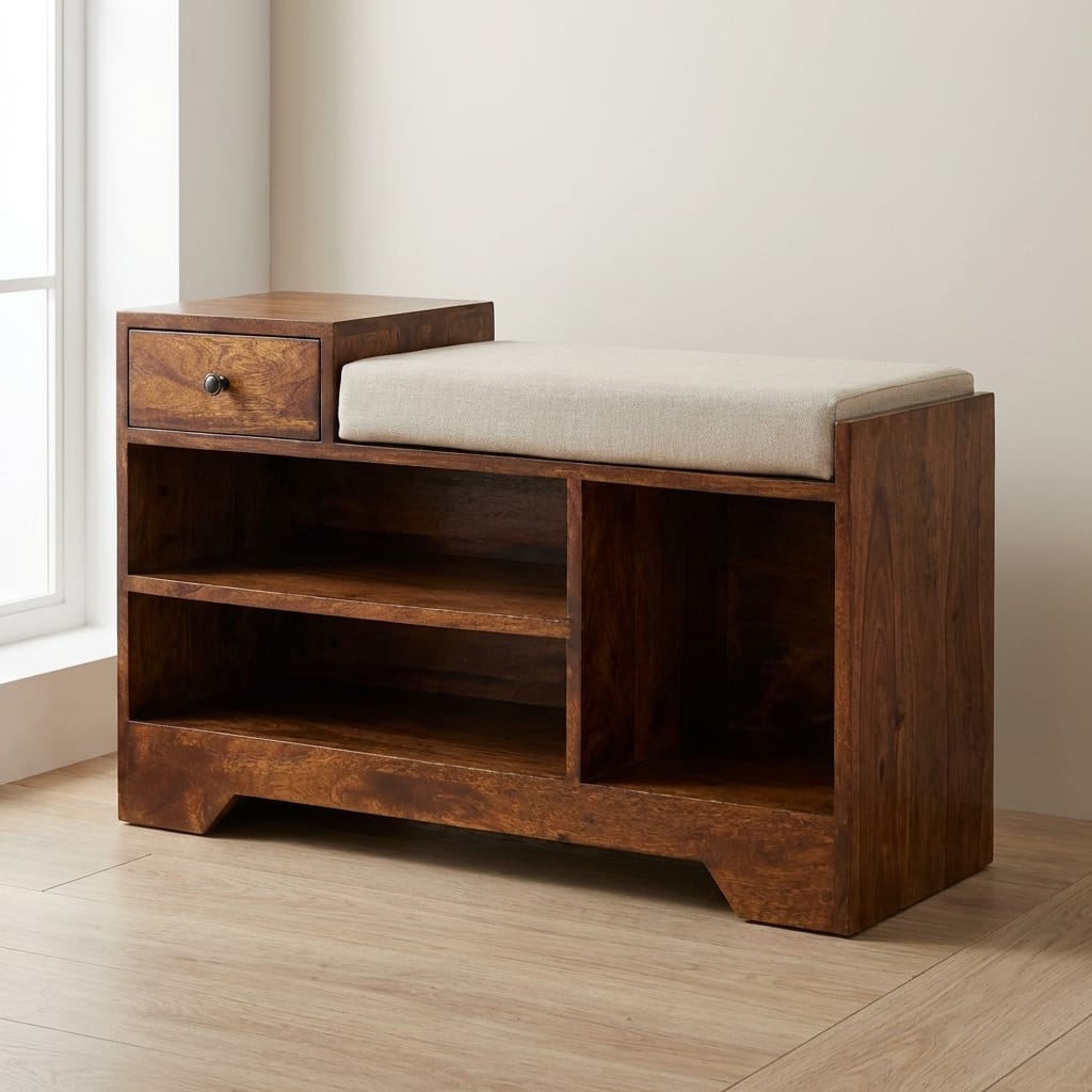 Handcrafted Retreat Chestnut Shoe Bench - Solid Mango Wood Seating Furniture for Entryway - main view showing handcrafted...