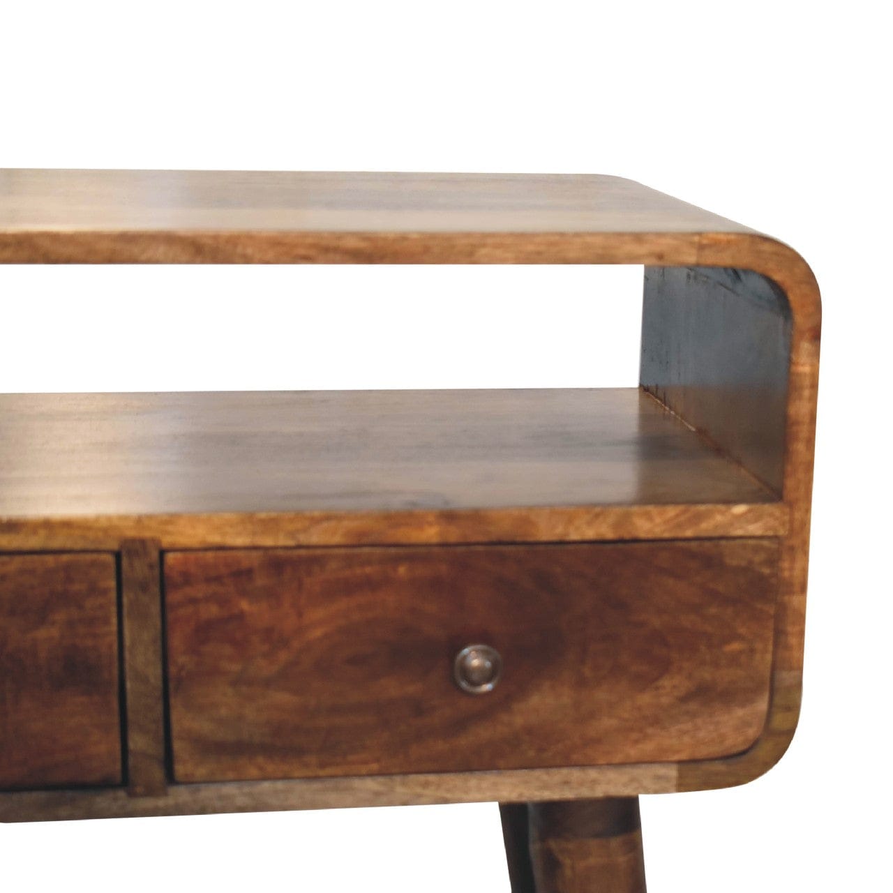 Handcrafted Mini Grey-wash Curved Console - Entryway & Hallway Table in Solid Mango Wood - product view 4 showing...