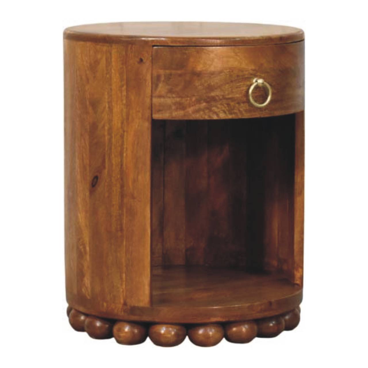 Amber Oak Bola Round Side Table in Solid Mango Wood - main view showing handcrafted solid mango wood side table
