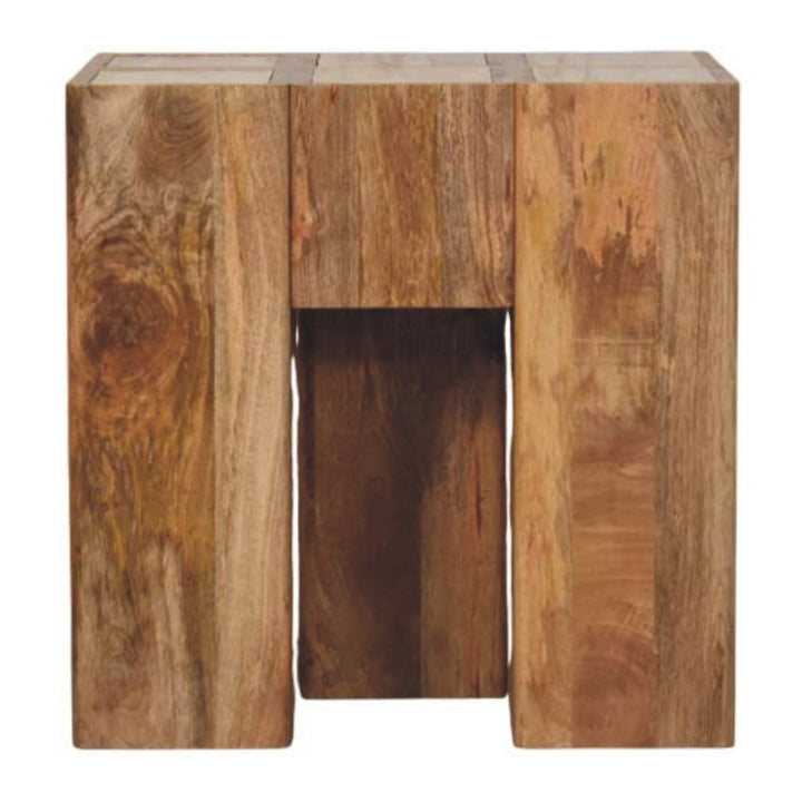Oakish Travertine Top Block Side Table in Solid Mango Wood - product view 6 showing handcrafted solid mango wood side table