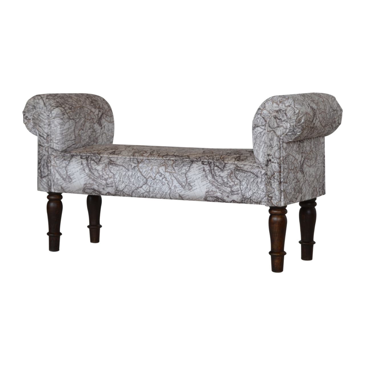 Handcrafted Map Printed Bedroom Bench - Solid Mango Wood Seating Furniture for Entryway - main view showing handcrafted...