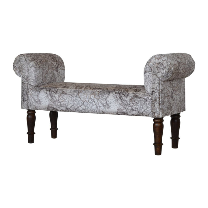 Handcrafted Map Printed Bedroom Bench - Solid Mango Wood Seating Furniture for Entryway - main view showing handcrafted...