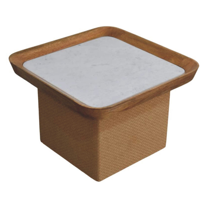 Oakish Marble Top Chatai Coffee Table in Solid Mango Wood - product view 4 showing handcrafted solid mango wood coffee table