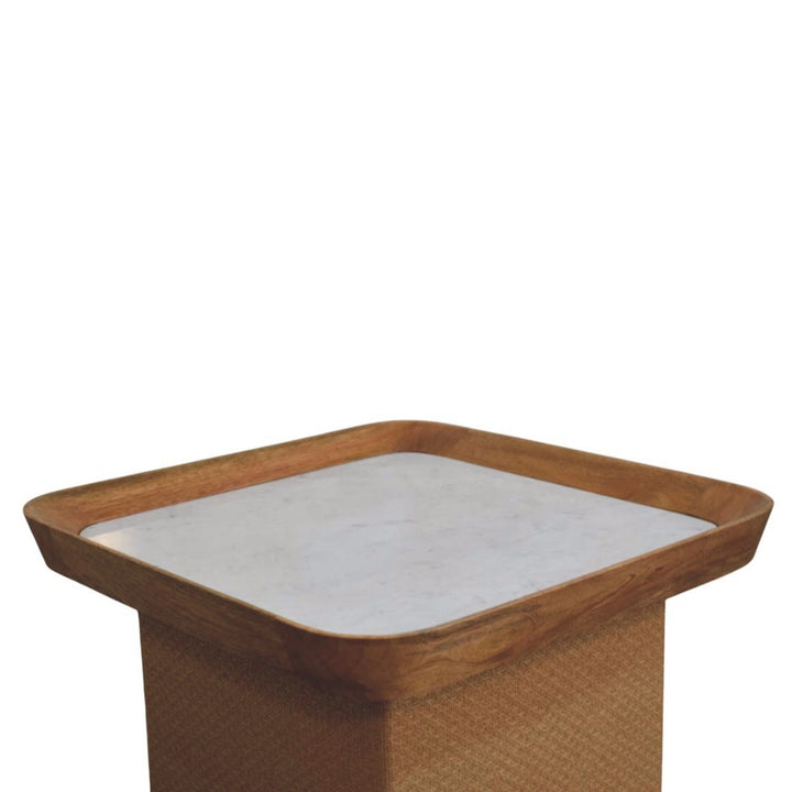 Oakish Marble Top Chatai Coffee Table in Solid Mango Wood - product view 6 showing handcrafted solid mango wood coffee table