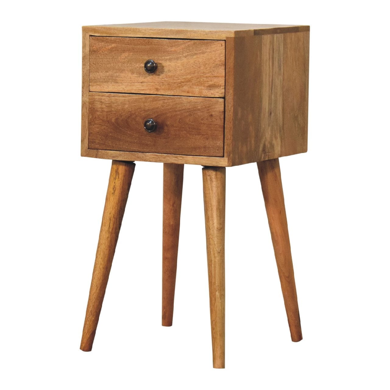 Handcrafted Mini 2 Drawer Oak-ish Nightstand - Solid Mango Wood Bedside Table for Bedroom - product view 3 showing...