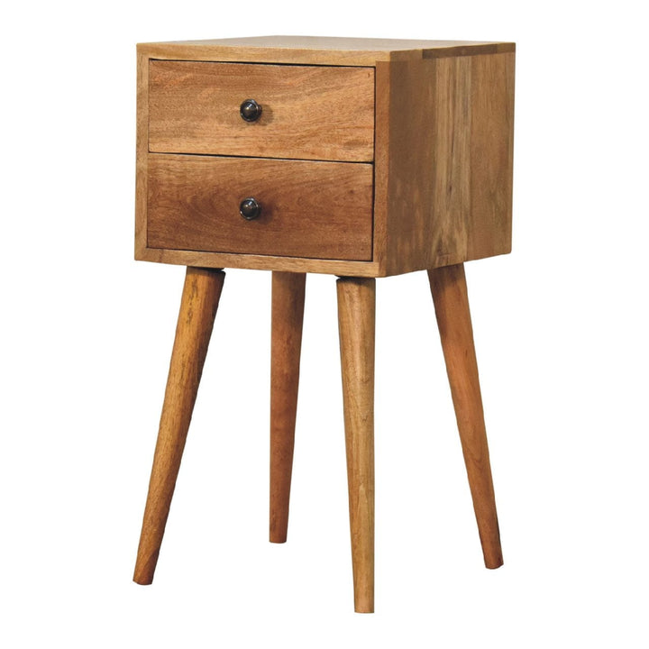 Handcrafted Mini 2 Drawer Oak-ish Nightstand - Solid Mango Wood Bedside Table for Bedroom - product view 3 showing...