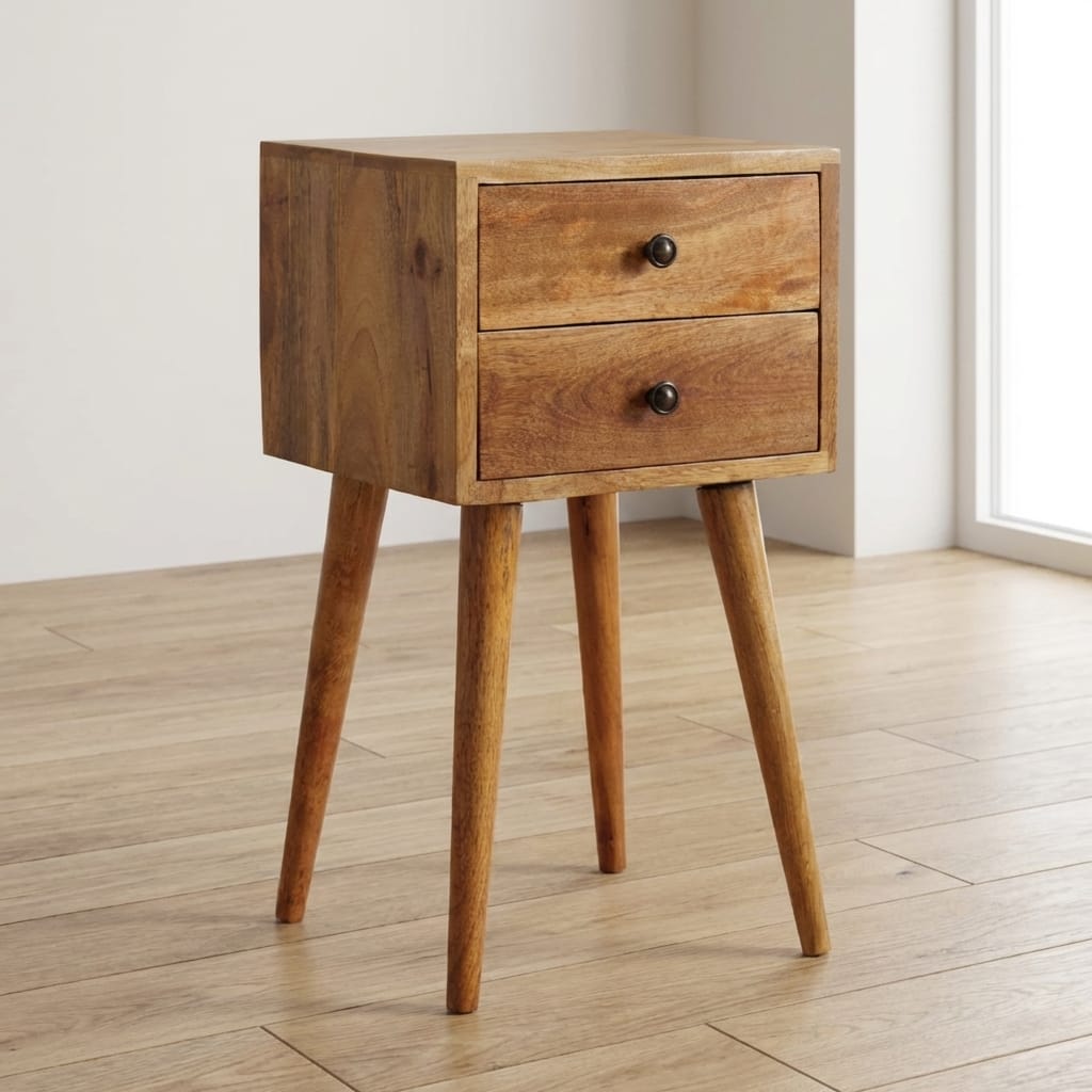 Handcrafted Mini 2 Drawer Oak-ish Nightstand - Solid Mango Wood Bedside Table for Bedroom - main view showing handcrafted...