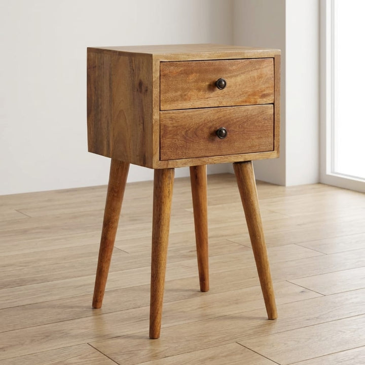Handcrafted Mini 2 Drawer Oak-ish Nightstand - Solid Mango Wood Bedside Table for Bedroom - main view showing handcrafted...