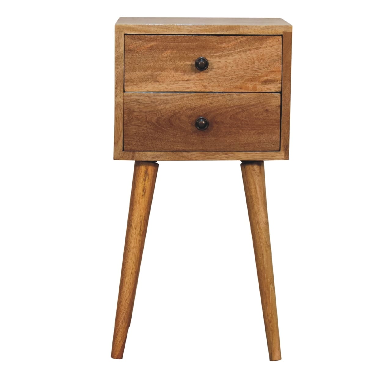 Handcrafted Mini 2 Drawer Oak-ish Nightstand - Solid Mango Wood Bedside Table for Bedroom - product view 2 showing...