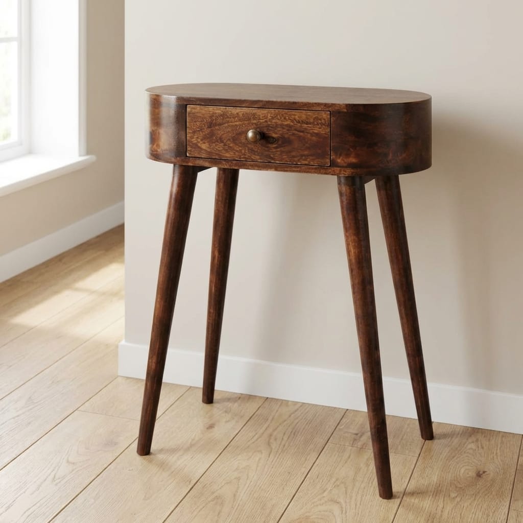 Handcrafted Mini Albion California Walnut Solid Mango Wood Console Table - main view showing handcrafted solid mango wood...