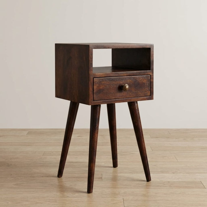 Handcrafted Mini California Walnut Nightstand - Solid Mango Wood Bedside Table for Bedroom - main view showing...