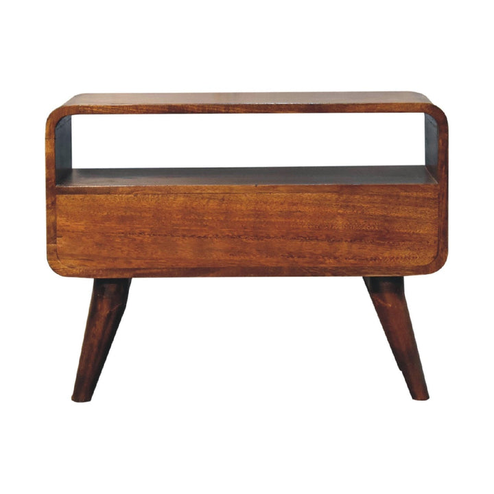 Handcrafted Mini Chestnut Curved TV Stand - Solid Mango Wood Entertainment Center for Living Room - product view 9...