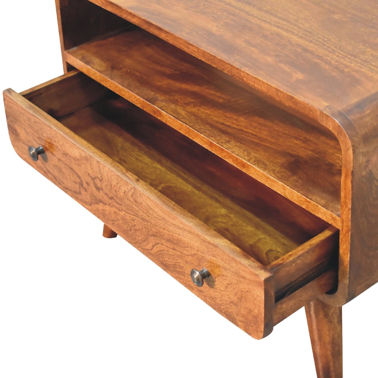 Handcrafted Mini Chestnut Curved TV Stand - Solid Mango Wood Entertainment Center for Living Room - product view 6...