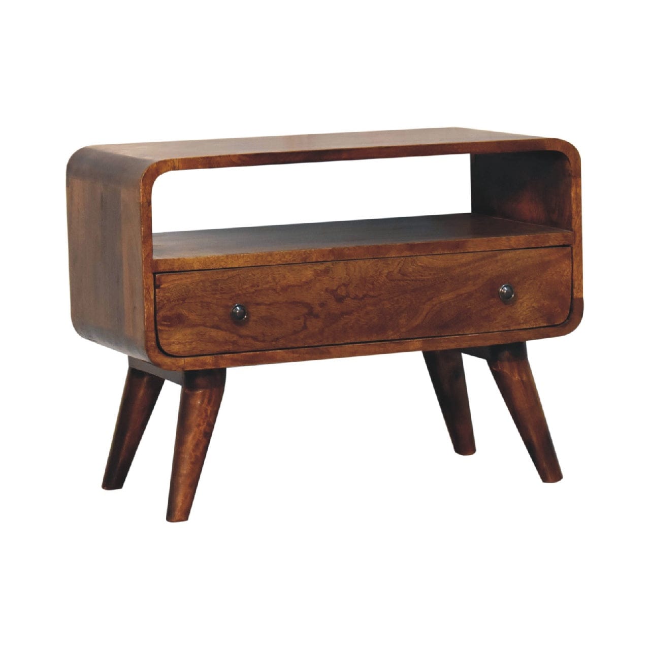 Handcrafted Mini Chestnut Curved TV Stand - Solid Mango Wood Entertainment Center for Living Room - product view 2...