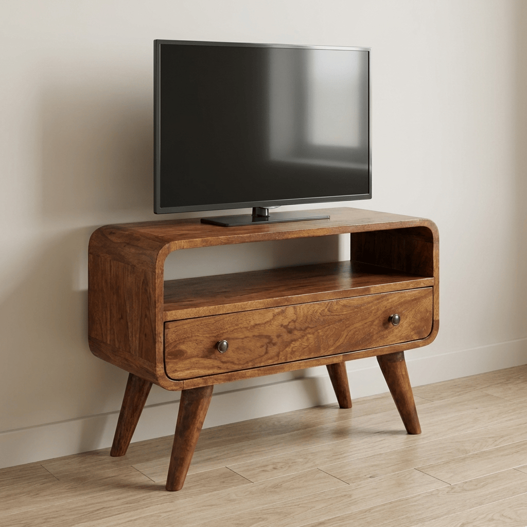 Handcrafted Mini Chestnut Curved TV Stand - Solid Mango Wood Entertainment Center for Living Room - main view showing...