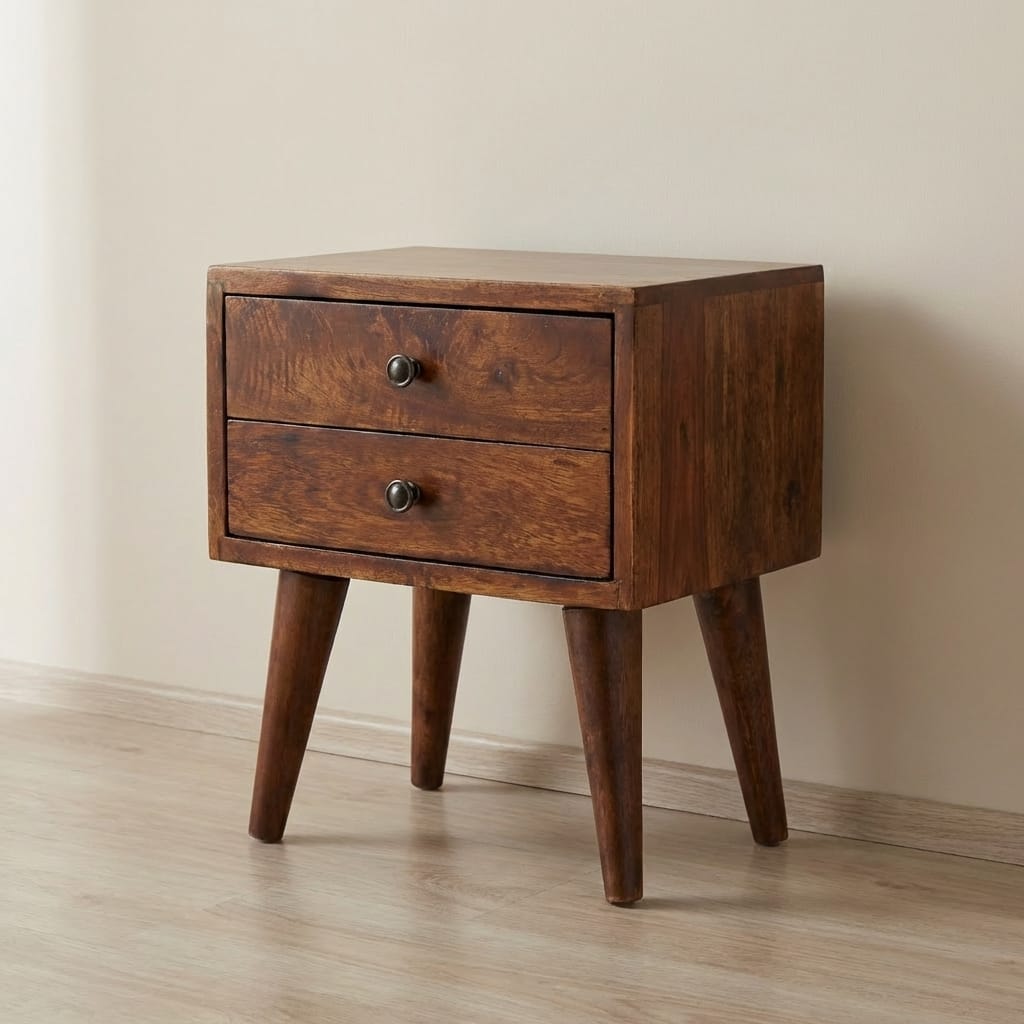 Handcrafted Mini Chestnut Mid-Century Modern Nightstand - Solid Mango Wood Bedside Table for Bedroom - main view showing...
