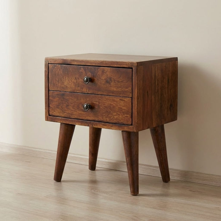 Handcrafted Mini Chestnut Mid-Century Modern Nightstand - Solid Mango Wood Bedside Table for Bedroom - main view showing...