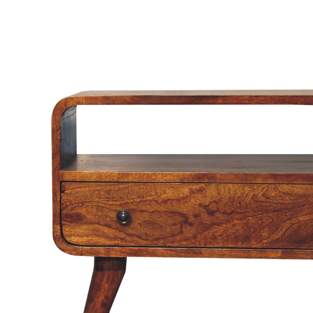 Handcrafted Mini Chestnut Curved TV Stand - Solid Mango Wood Entertainment Center for Living Room - product view 4...
