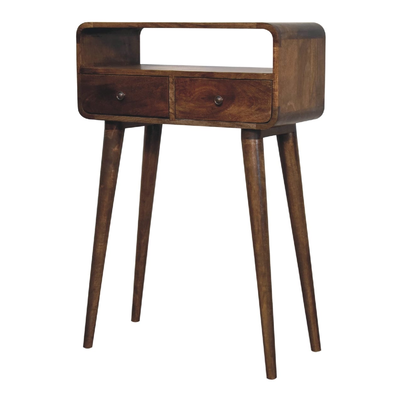 Handcrafted Mini Grey-wash Curved Console - Entryway & Hallway Table in Solid Mango Wood - product view 2 showing...