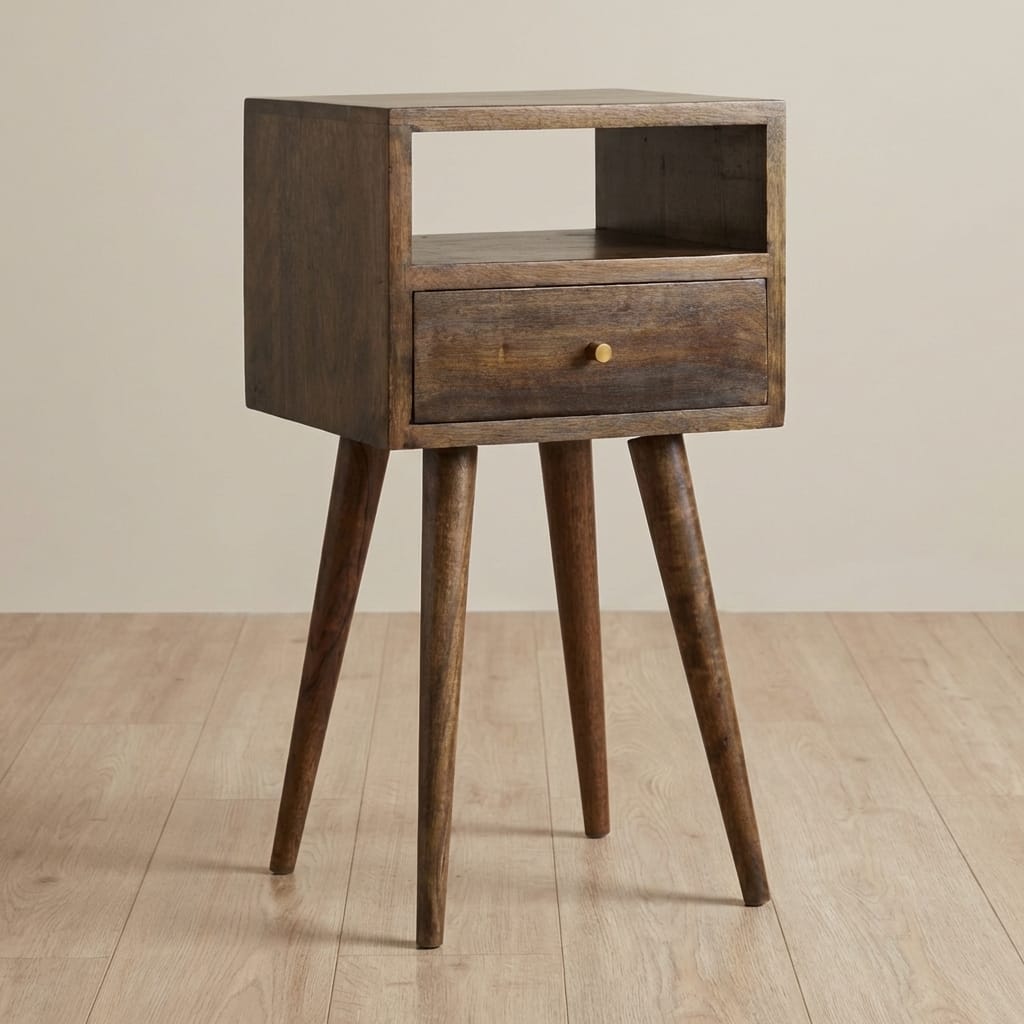 Handcrafted Mini Grey Washed Nightstand - Solid Mango Wood Bedside Table for Bedroom - main view showing handcrafted...