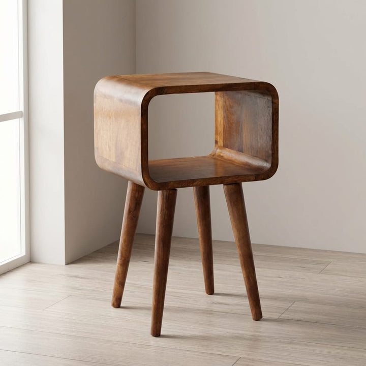 Handcrafted Mini Honey Caramel Curved Open Nightstand - Solid Mango Wood Bedside Table for Bedroom - main view showing...