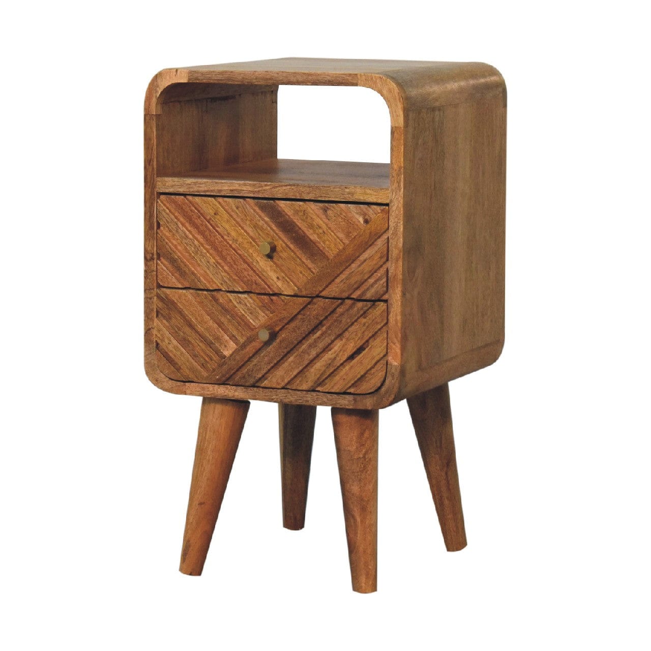 Handcrafted Mini Lille Curved Nightstand - Solid Mango Wood Bedside Table for Bedroom - product view 2 showing...