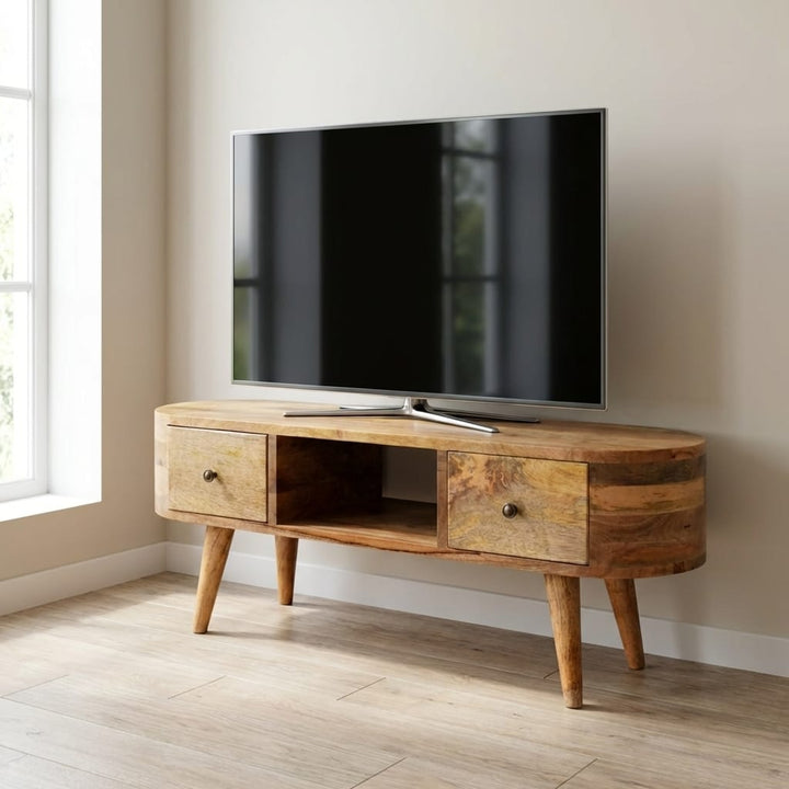 Handcrafted Mini Rounded TV Stand - Solid Mango Wood Entertainment Center for Living Room - main view showing handcrafted...