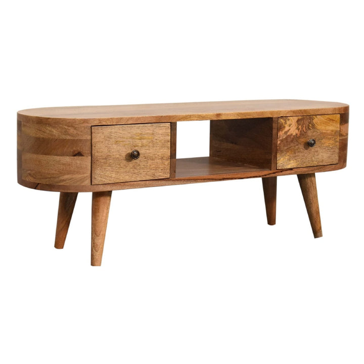 Handcrafted Mini Rounded TV Stand - Solid Mango Wood Entertainment Center for Living Room - product view 4 showing...