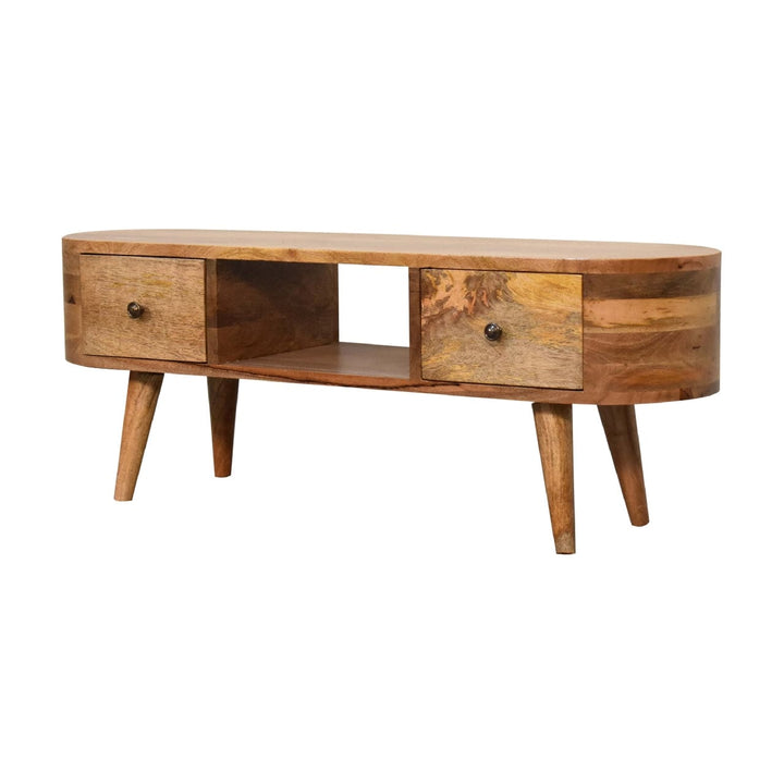 Handcrafted Mini Rounded TV Stand - Solid Mango Wood Entertainment Center for Living Room - product view 3 showing...
