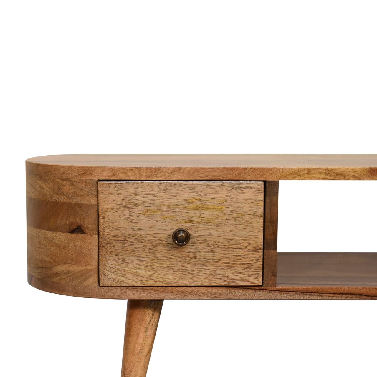 Handcrafted Mini Rounded TV Stand - Solid Mango Wood Entertainment Center for Living Room - product view 5 showing...