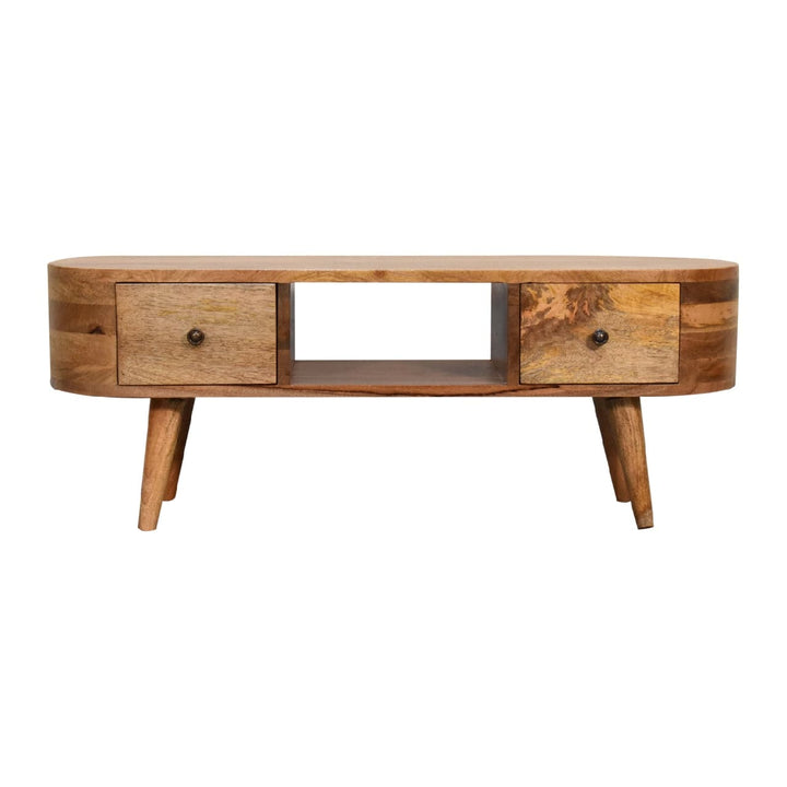 Handcrafted Mini Rounded TV Stand - Solid Mango Wood Entertainment Center for Living Room - product view 2 showing...