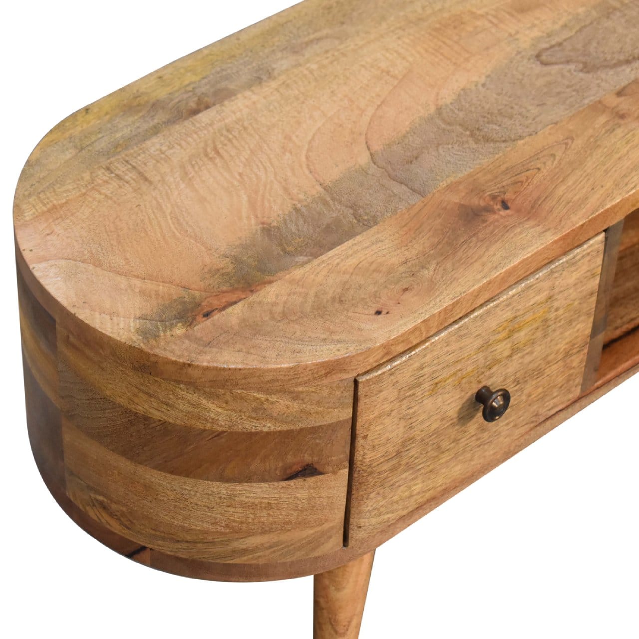 Handcrafted Mini Rounded TV Stand - Solid Mango Wood Entertainment Center for Living Room - product view 6 showing...