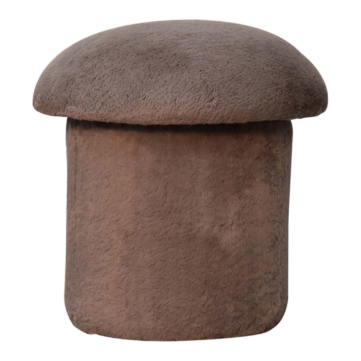 Handcrafted Mocha Faux Fur Mushroom Footstool - Solid Mango Wood Accent Stool for Living Room - main view showing...