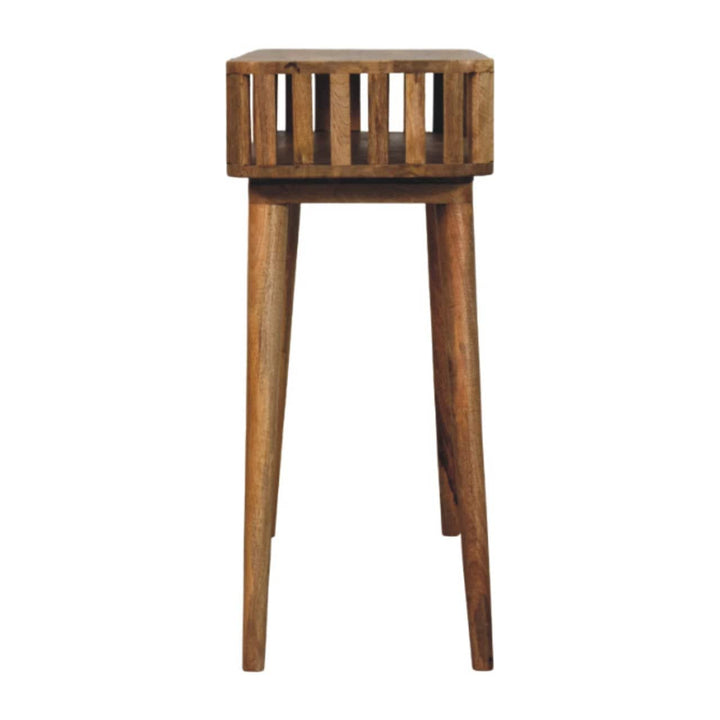 Handcrafted Slatted Oak-ish Console Table - Entryway & Hallway Table in Solid Mango Wood - product view 8 showing...
