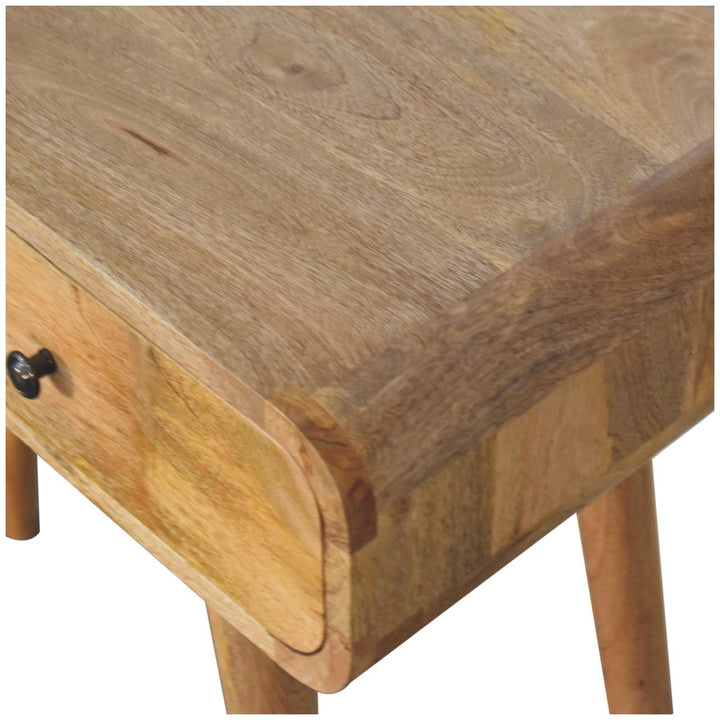 Oak-ish Curved Hallway Table in Solid Mango Wood - product view 5 showing handcrafted solid mango wood furniture