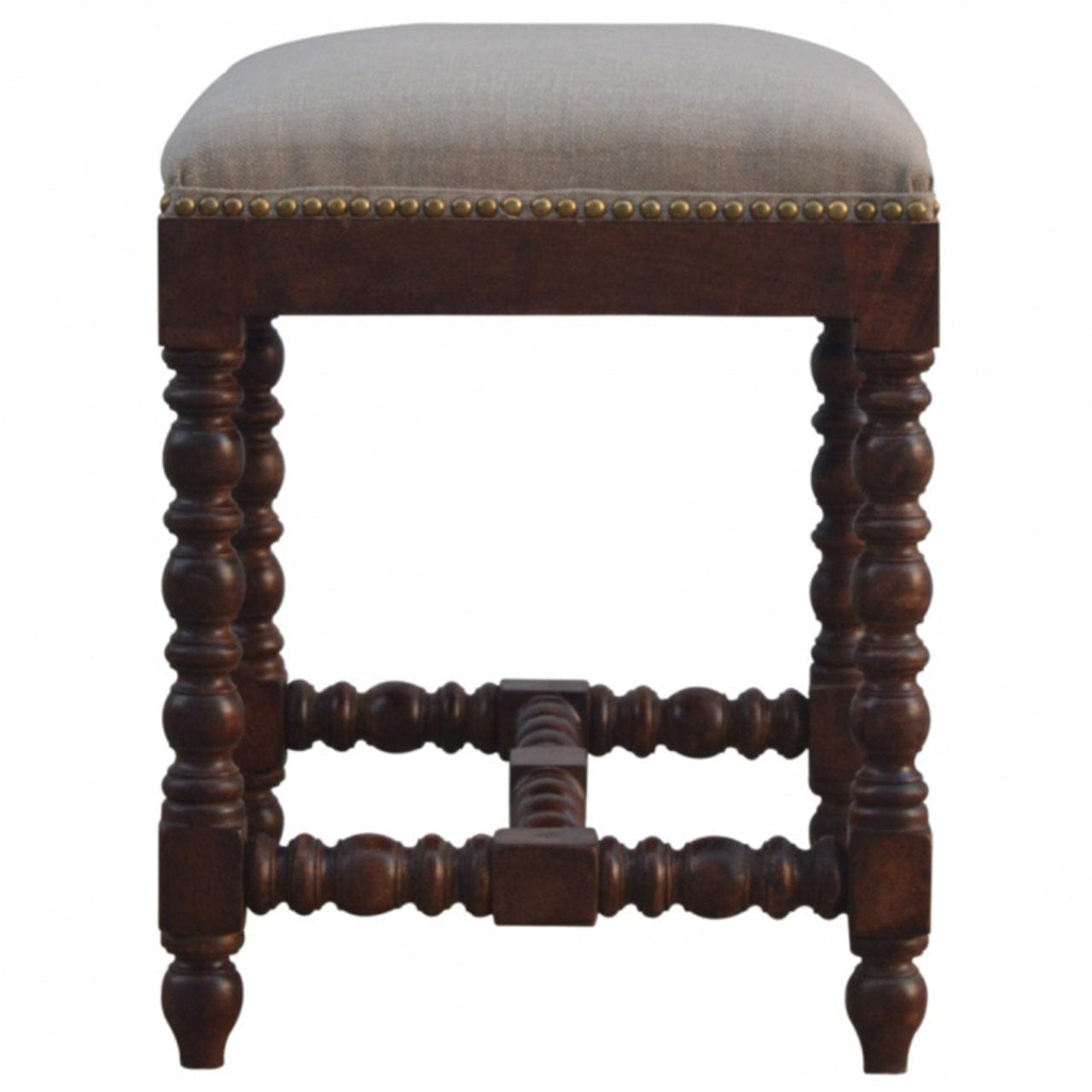 Handcrafted White Linen Occasional Footstool - Solid Mango Wood Accent Stool for Living Room - product view 6 showing...