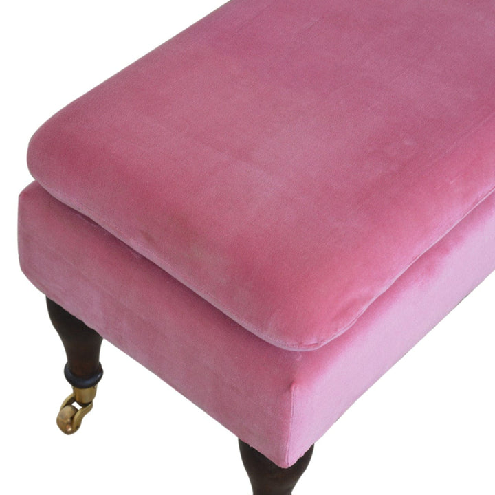 Handcrafted Pink Velvet Castor Bench - Solid Mango Wood Seating Furniture for Entryway - product view 3 showing...