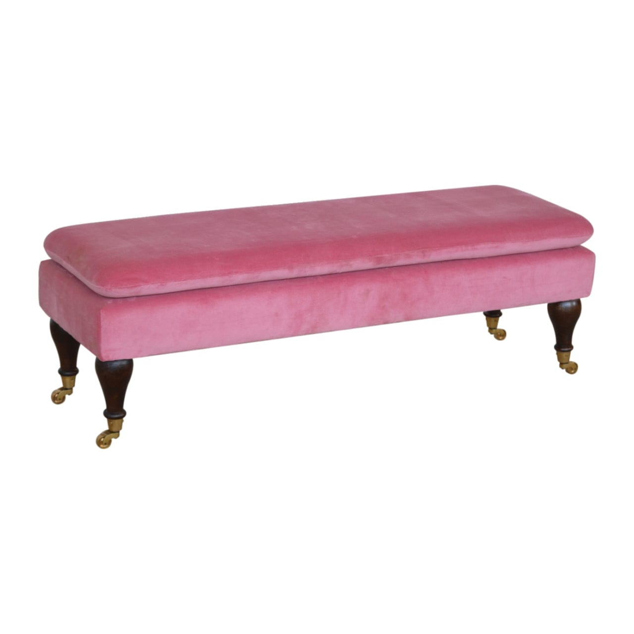 Handcrafted Pink Velvet Castor Bench - Solid Mango Wood Seating Furniture for Entryway - main view showing handcrafted...