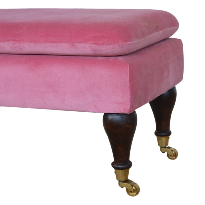 Handcrafted Pink Velvet Castor Bench - Solid Mango Wood Seating Furniture for Entryway - product view 6 showing...