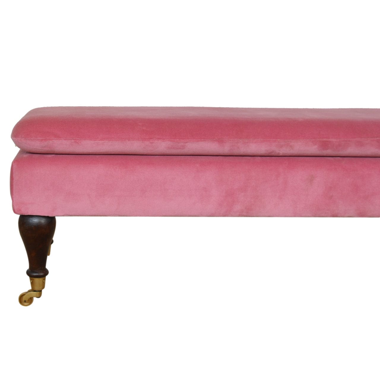 Handcrafted Pink Velvet Castor Bench - Solid Mango Wood Seating Furniture for Entryway - product view 4 showing...